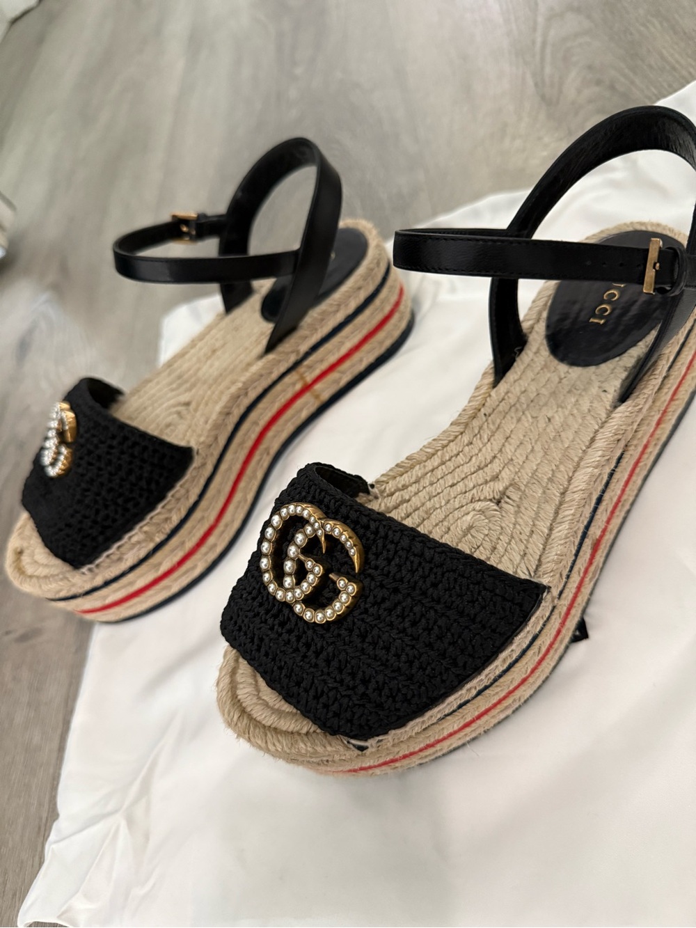 Gucci Black Raffia Espadrille Sandals with Gold Crystal Double G